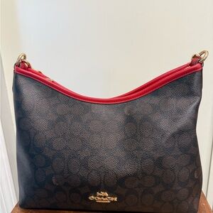 Coach Brown Signature Shoulder Bag with Red Trim